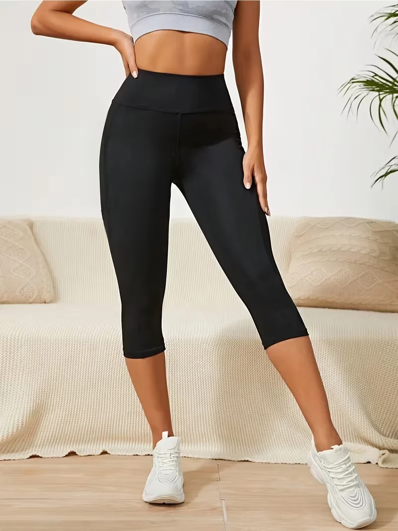 Leggings capri de cintura alta para mujer con bolsillos: mallas de entrenamiento de yoga suaves, agradables para la piel y elásticas a prueba de sentadillas