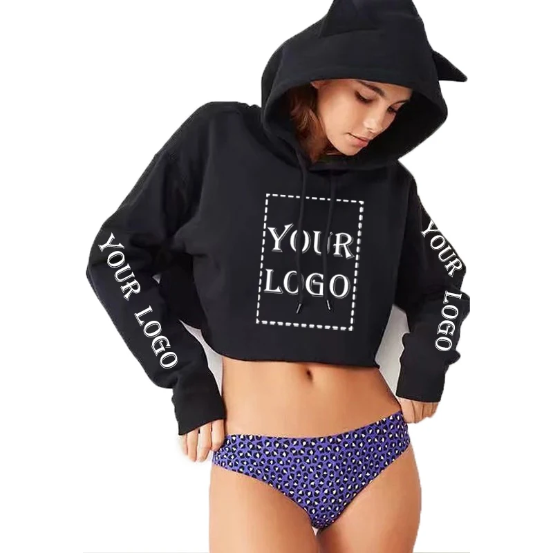 Custom Crop Hoodie Your OWN Design Brand Logo/Picture Printing Sweatshirt Women Fashion Cat Ear Hoodie Kpop Hip-hop DIY Clothes