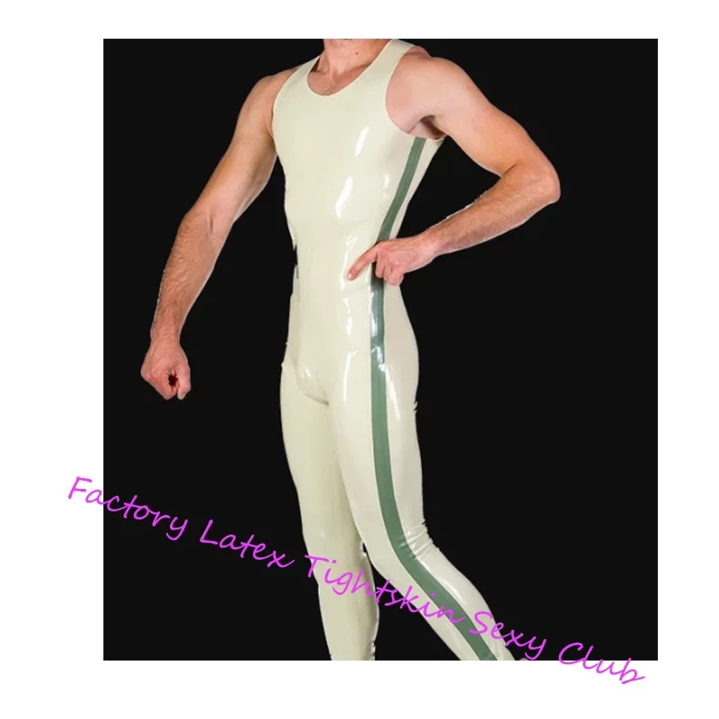 

Handmade Men White Latex Catsuit Rubber Bodysuit with Green Trim Back Crotch Zipper Custom Made Cosplay Costumes