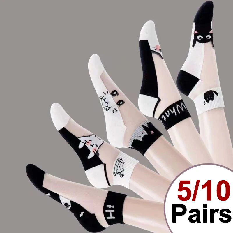5/10 Pairs Women Cat Pattern Transparent Socks Fashionable Cartoon Print Spring Summer Sweat Absorbing Breathable Casual Socks