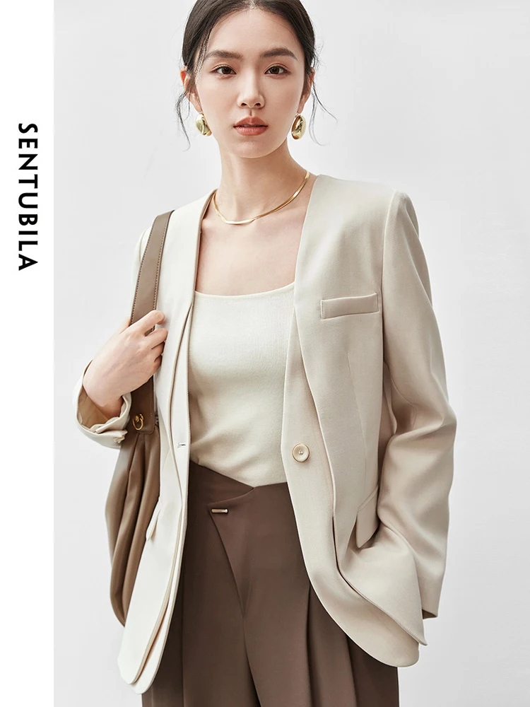 

SENTUBILA Women Texture Loose Blazers 2024 Autumn V Neck 2 in 1 Suit Single Button Solid Work Business Coat 143X55891