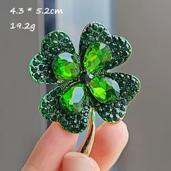 Korean Fashion Green Crystal Glass Four-Leaf Clover Broochs for Women Rhinestone Plant Brooch Pin Clothing Accessories