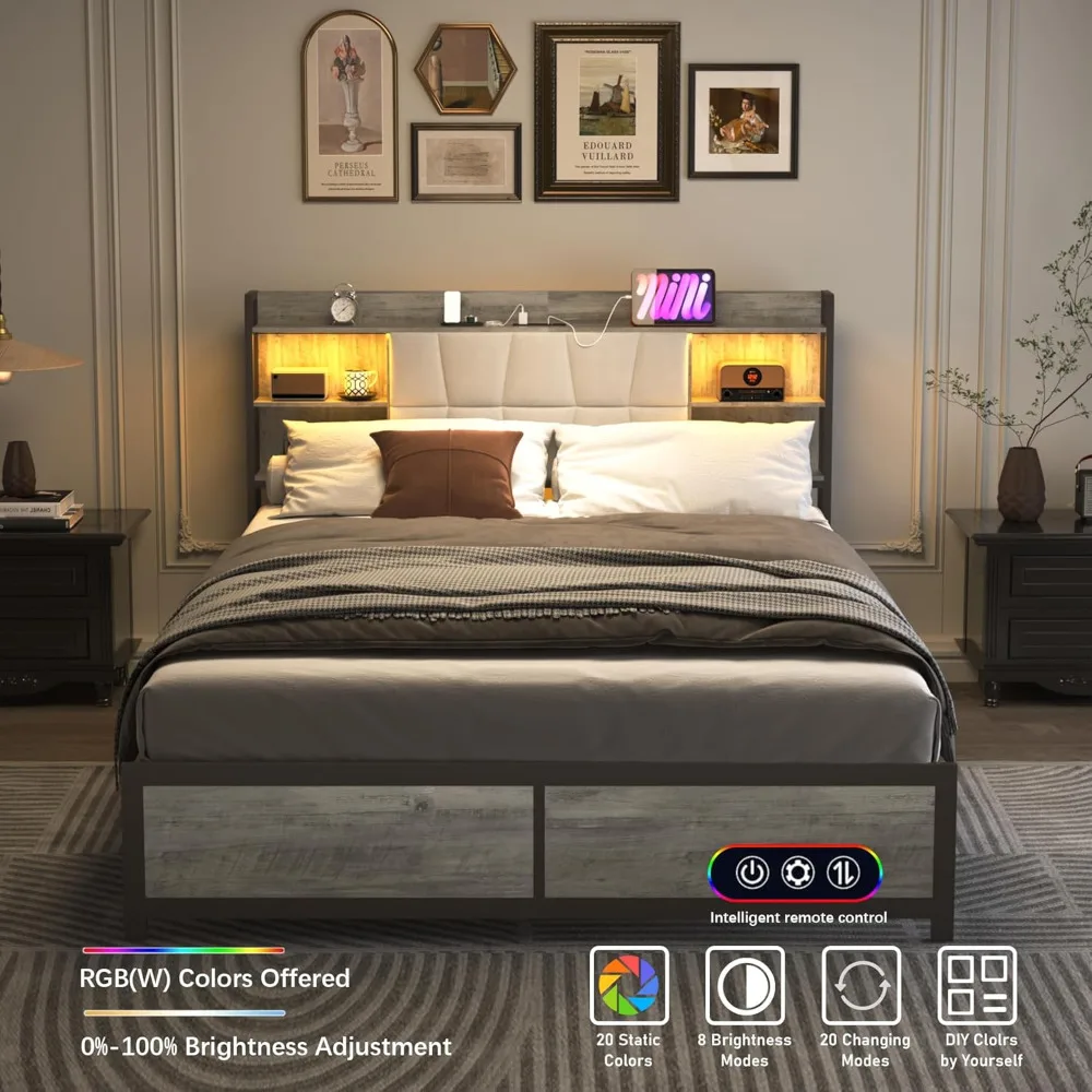 

Queen Size Bed Frame, Headboard with Charging Station, LED Lights and Three Storage Spaces Metal Platform Bed Frame, Noiseless