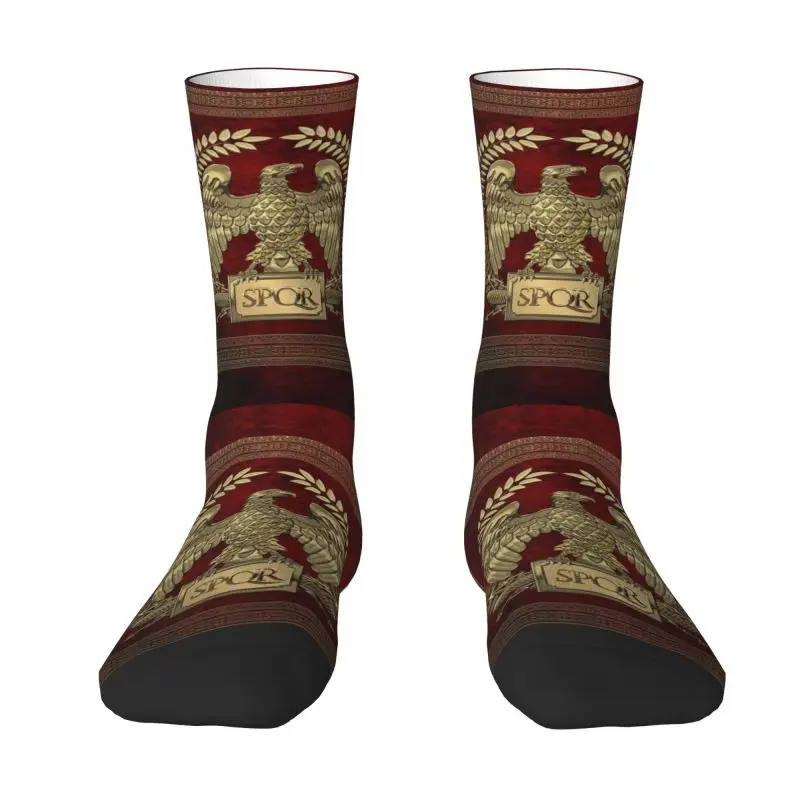 Custom Roman Empire SPQR Mens Crew Socks Unisex Novelty Gold Imperial Eagle Over Red Leather Spring Summer Autumn Winter Dress