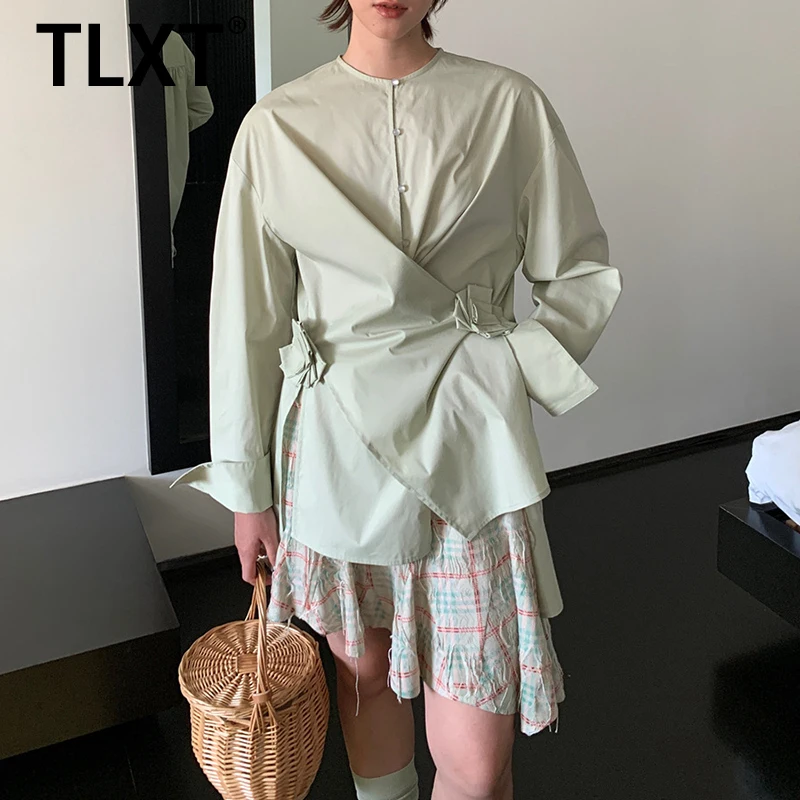 

TLXT модная рубашка с 3D цветами, женская однобортная рубашка с круглым воротником и длинным рукавом, однотонная, новинка 2025 года, нишевые дизайнерские рубашки XK188