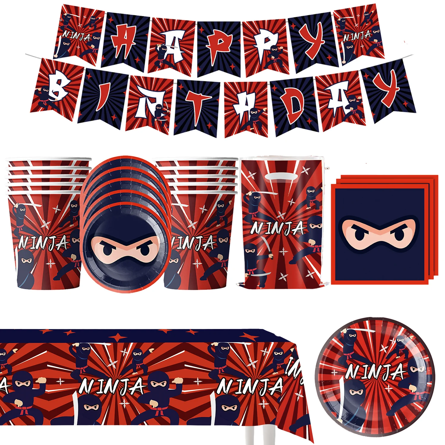 

Cartoon Ninjas Birthday Party Set Disposable Tableware Napkins Tablecloth Banner Balloons Cake Toppers For Kids Party Supplies ﻿