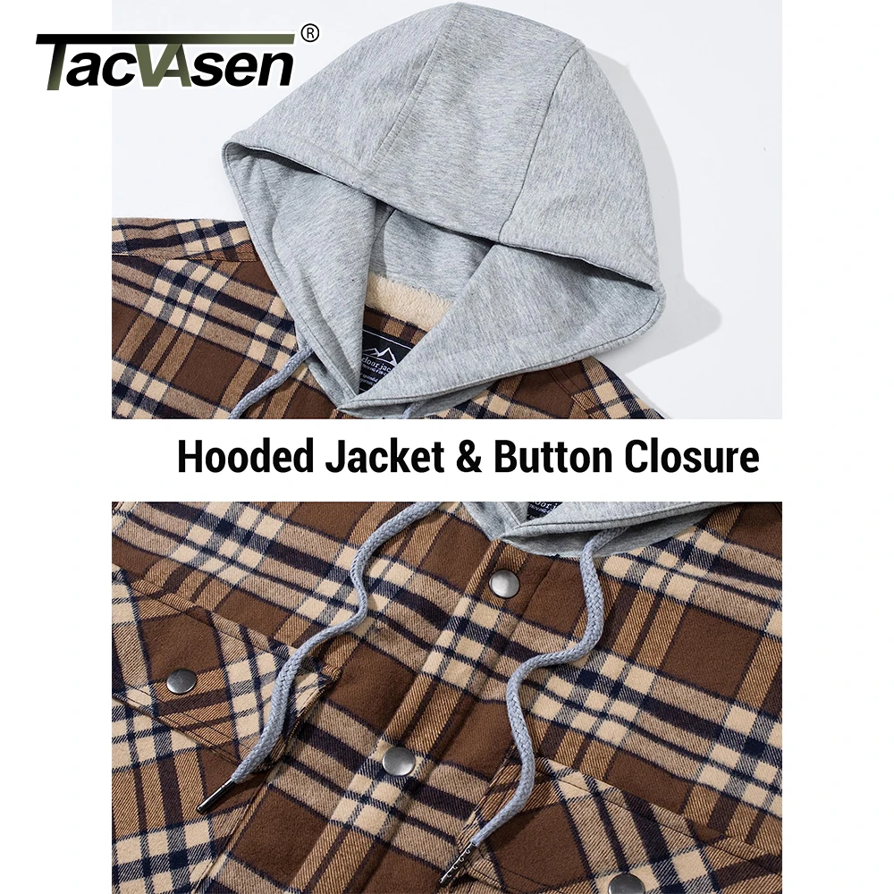 TACVASEN Men\'s Flannel Shirt Jackets Cotton Soft Fleece Lined Button Down Plaid Quilted Winter Hooded Coats Thick Hoodie Outwear