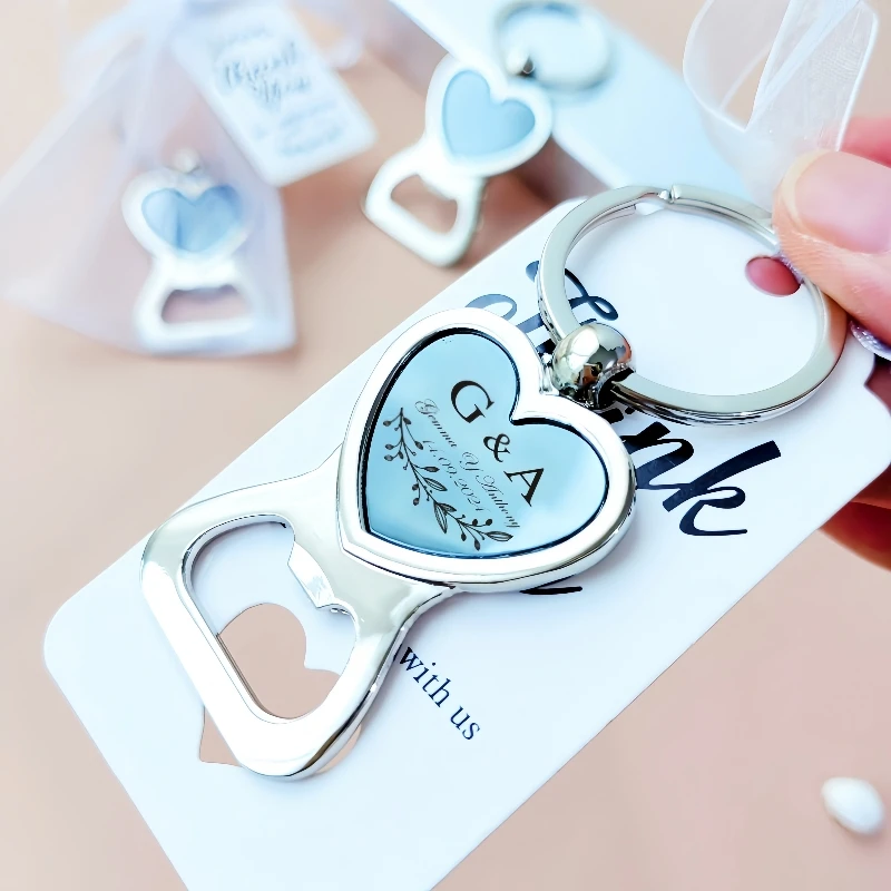 Personalized Engraved Stainless Steel Beer Bottle Opener Keychains Love Heart keyrings Wedding Party Gift Favor Opener with bags