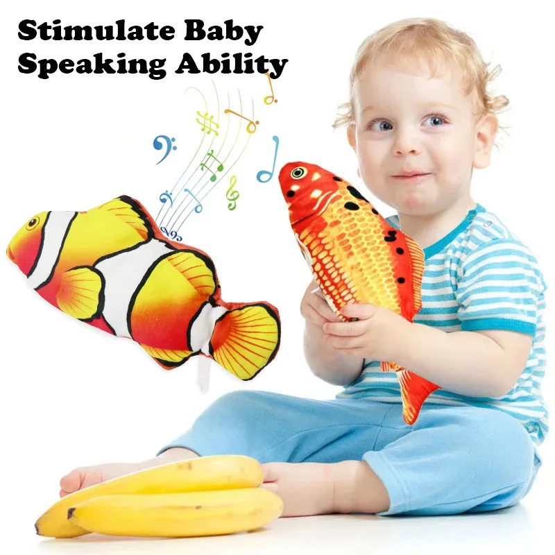 Simulação elétrica peixe brinquedo para bebê, falando repetido, luz LED, música feliz, para jogar, tocando, móvel, movendo