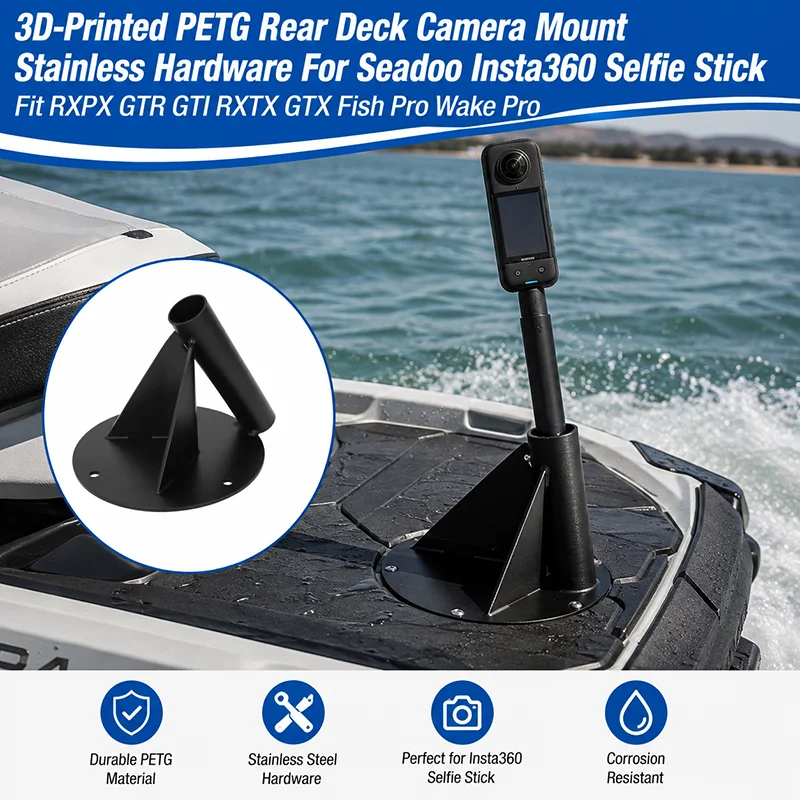 3dプリント製petg製リアデッキカメラマウント、ステンレス製ハードウェア、seadoo-insta360自撮り棒対応、rxpx-gtr-gti-rxtx-gtx-fish-proに適合