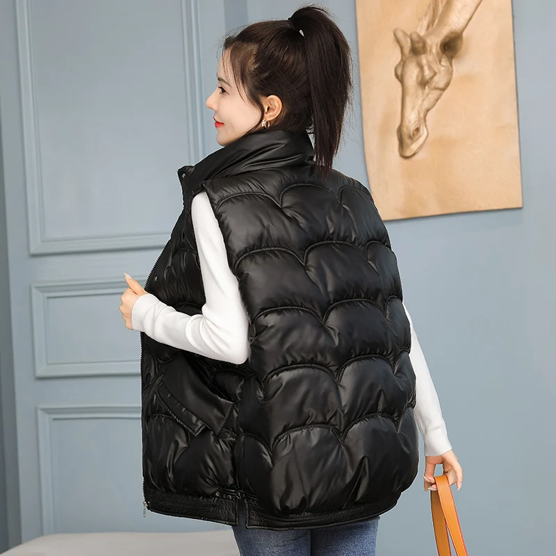 Shiny Winter Padded Vest Loose  Women\'s Zipper Stand Collar Pockets Ladies Causal Sleeveless Jacket Waistcoat for Female 2022