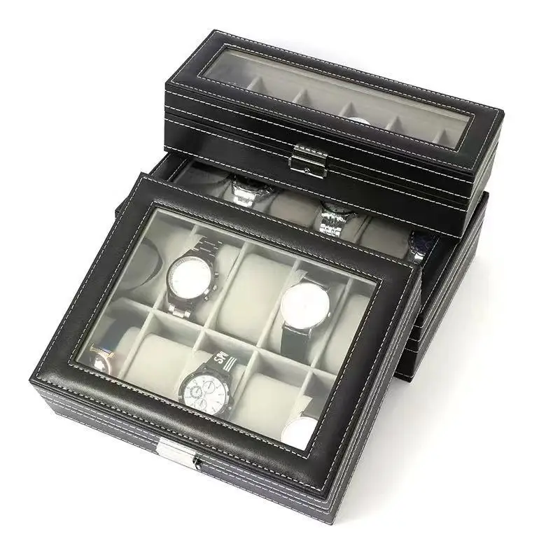 Handmade Grids PU Leather Watch Box Display Case Holder Black Storage Box Glass Jewelry Organizer for Men & Women Best Gift Box