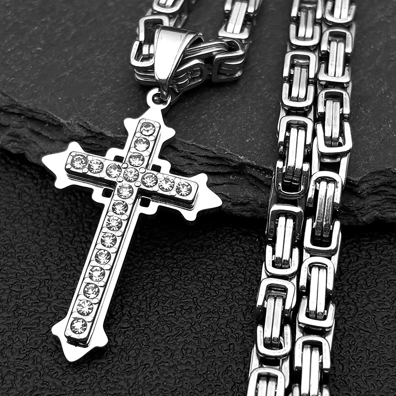 الراين يسوع الصليب قلادة قلادة للنساء الرجال الذهب اللون الفولاذ المقاوم للصدأ الكاثوليكية الهيب هوب البيزنطية سلسلة مجوهرات هدية #2