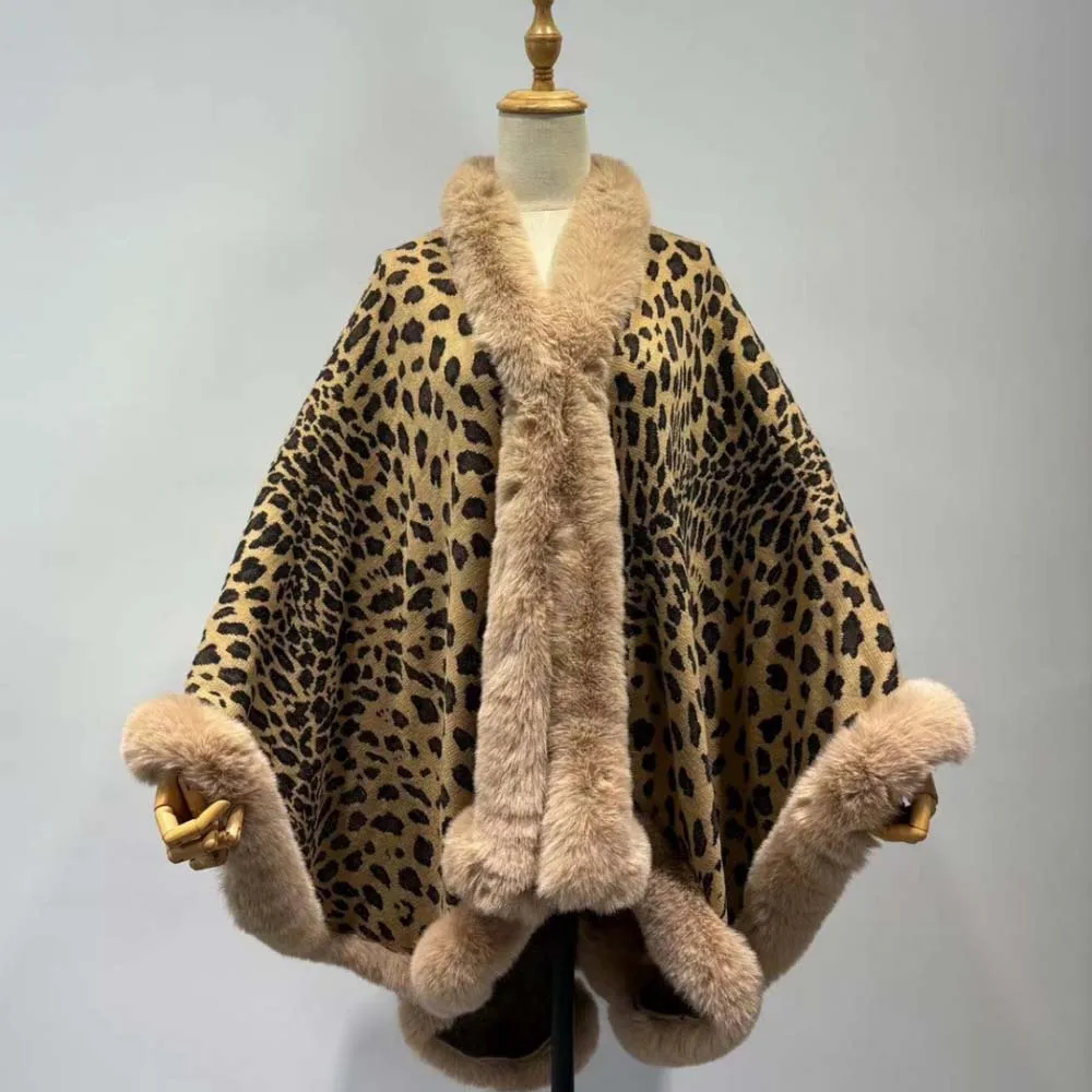 

2025 Women Vintage Leopard Sweater Cardigan Winter Thick Warm Poncho Cape Coat Female Batwing Sleeve Shawl