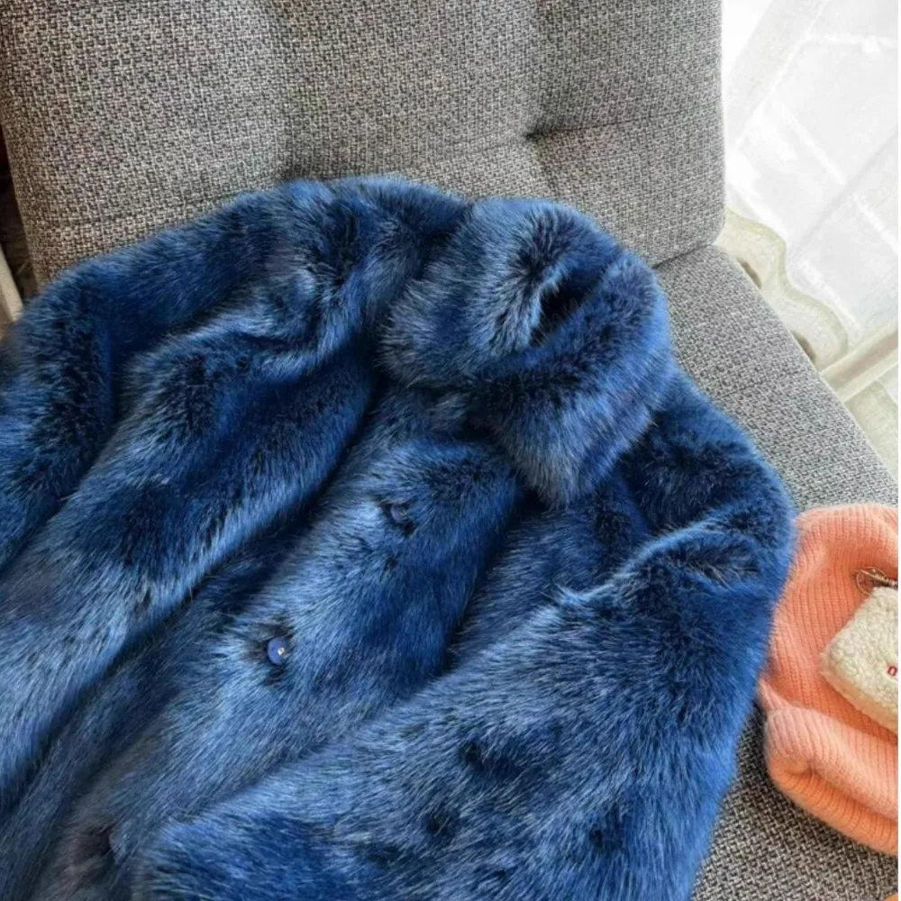 2024 Winter Vintage Blue Lapel Hairy Shaggy Faux Fur Jacket Retro Full Sleeve Furry Faux Fur Coat Mid Long Outerwear