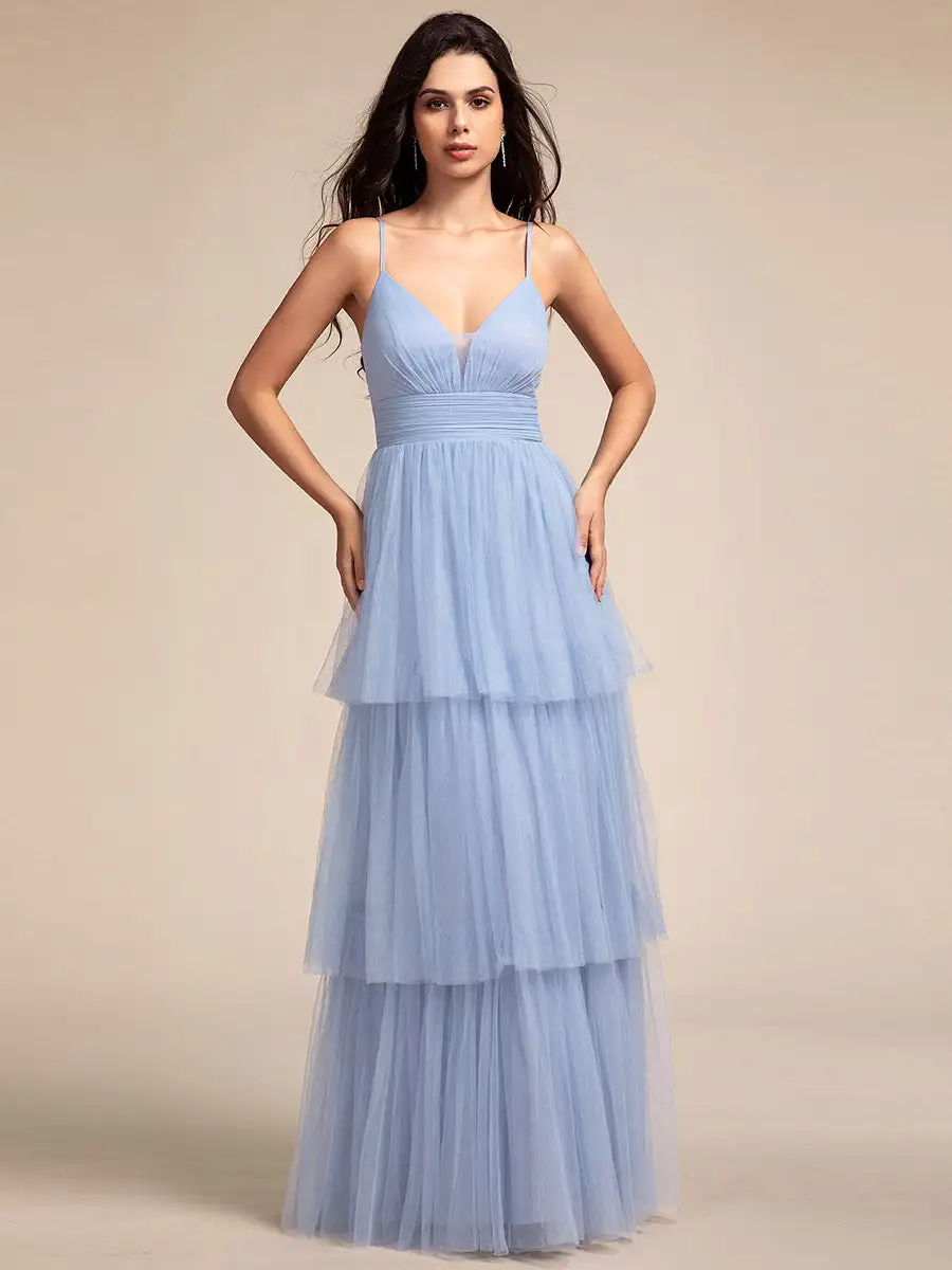 Elegant Evening Dress Romantic V Neck Sleeveless See-Through Cake pleated 2024 Ever Pretty of Tulle Light Blue Bridesmaid dress