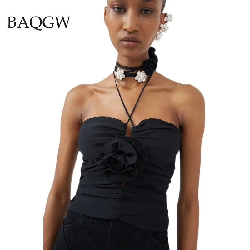 

Summer Black Halter Off Shoulder Straps Women's Fashion Sexy 3D Flower Decoration Short Pleats Wrinkled Tube Top Party Vest