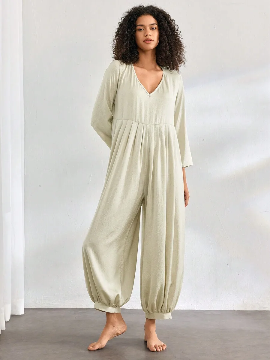 

V Neck Satin Glossy Crepe Womens Loose Pajama Jumpsuit