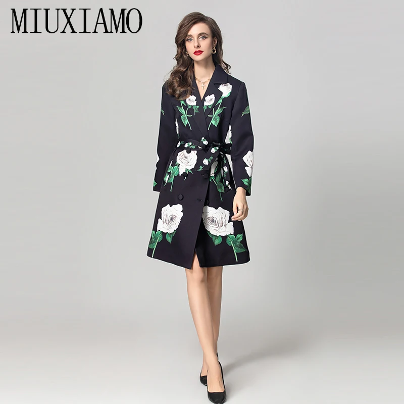 

MIUXIMAO 2024, осенне-зимняя женская роскошная королевская куртка, модное пальто с цветочным принтом, модные тонкие черные куртки для женщин, пальто с поясом