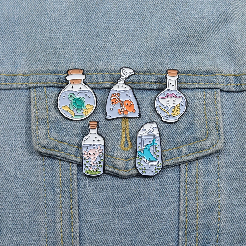 Bottle Marine Organism Enamel Pins Clothes Backpack Decorative Brooches Cartoon Salamander Animal Brooches Lapel Badge Gift