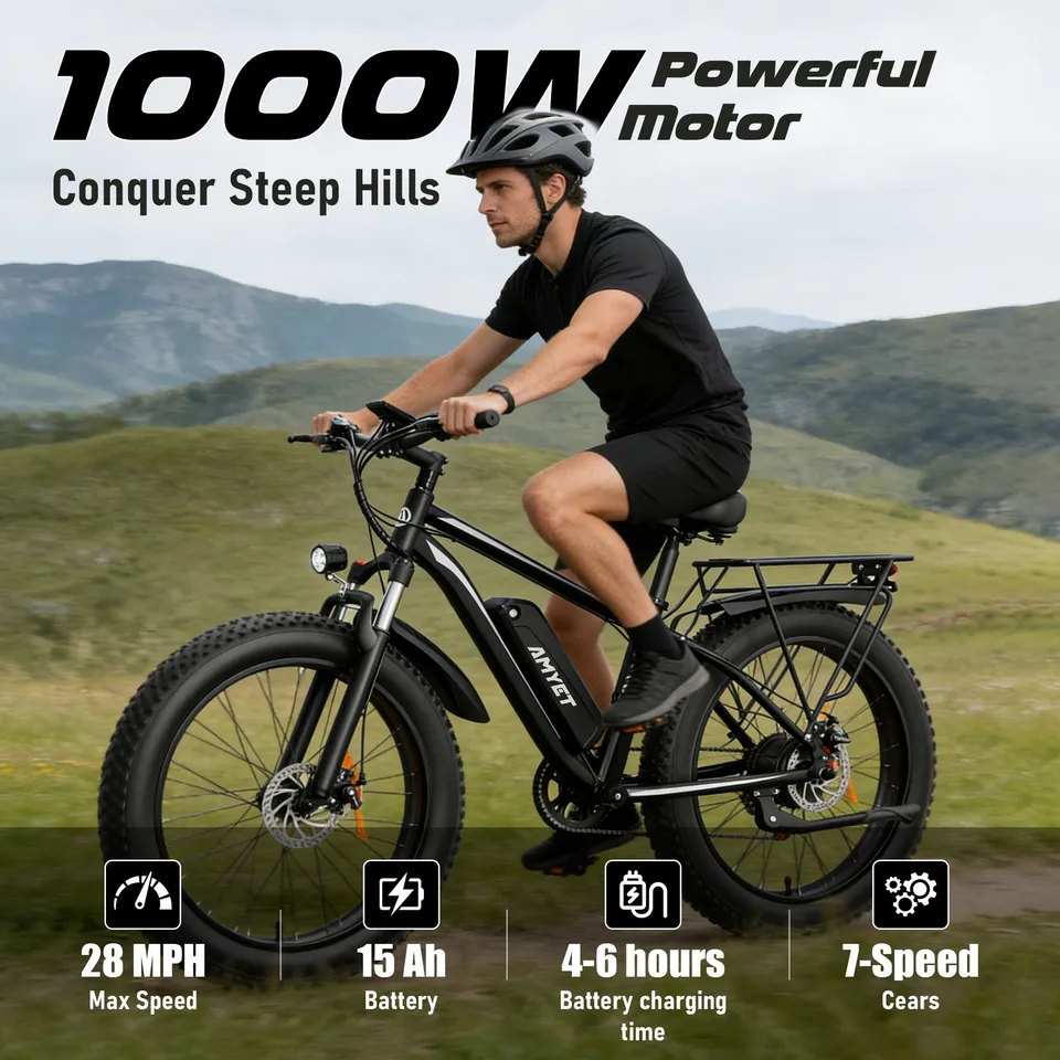 Electric Bike 1000W eBike 48V 15AH 26" Fat Tire e bike Adult Free Shipping image 2