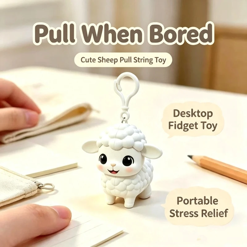 Soft Plush White Lamb Keychain with Pull String Movable Ears Lovely Bag Pendant Decor Suitable for Kids Birthday Souvenirs