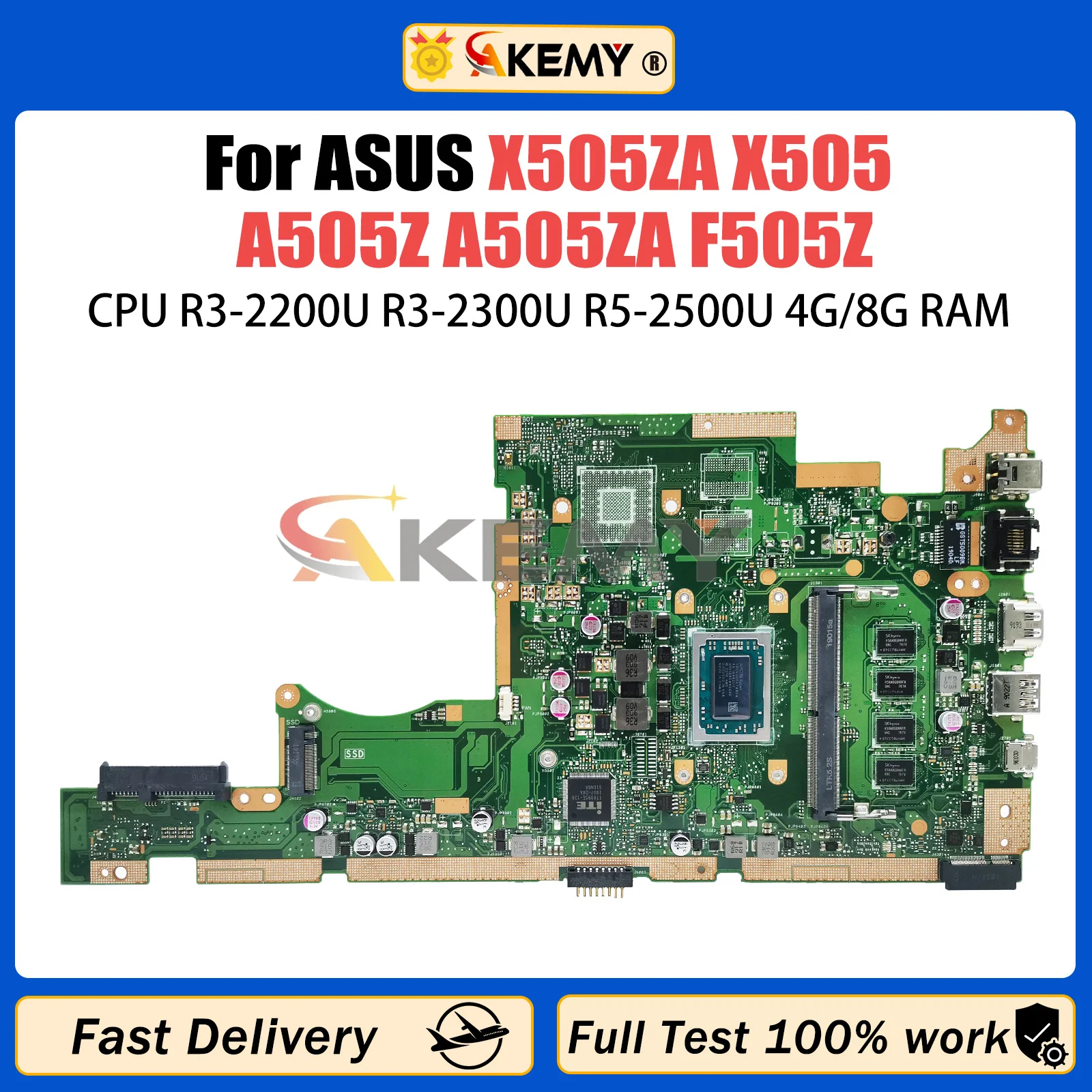 AKEMY X505ZA Mainboard For Asus Vivobook 15 X505 A505Z A505ZA F505Z Laptop Motherboard With R3-2200U R3-2300U R5-2500U 4G/8G-RAM