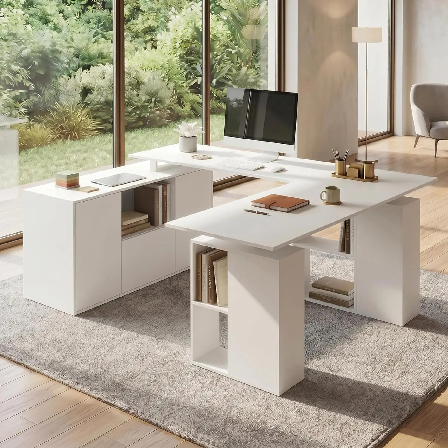 

U-Shaped Electric Standing Desk with Drawer, Doors & Open Shelves, Height Adjustable Home Office Computer Stand up, Customized