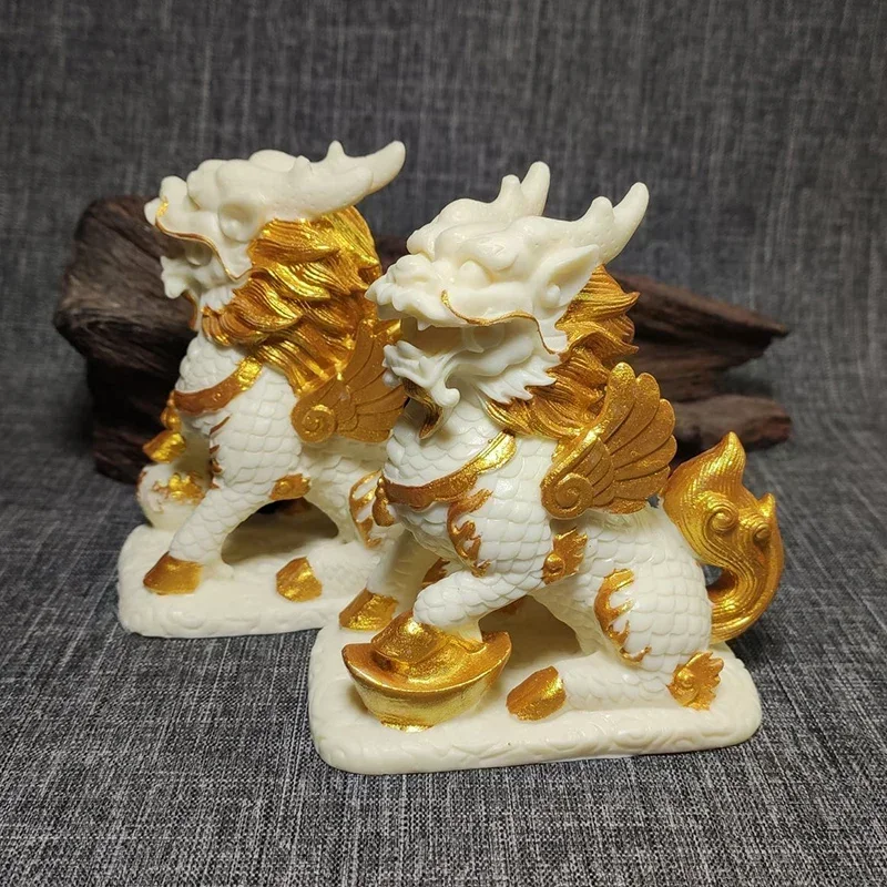 Tracing Gold Mascot Kirin Fortune Small Statue Resin Art Sculpture Home room, office decoration ornaments A pair