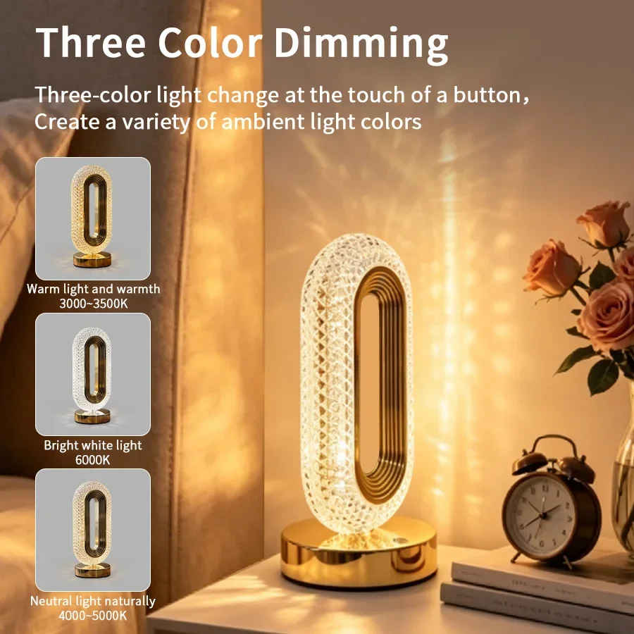 3 Color LED Crystal Table Lamp Touch Dimmable Bedside Lamp Night Light USB Rechargeable Temperatures Ambient Light Home Decor