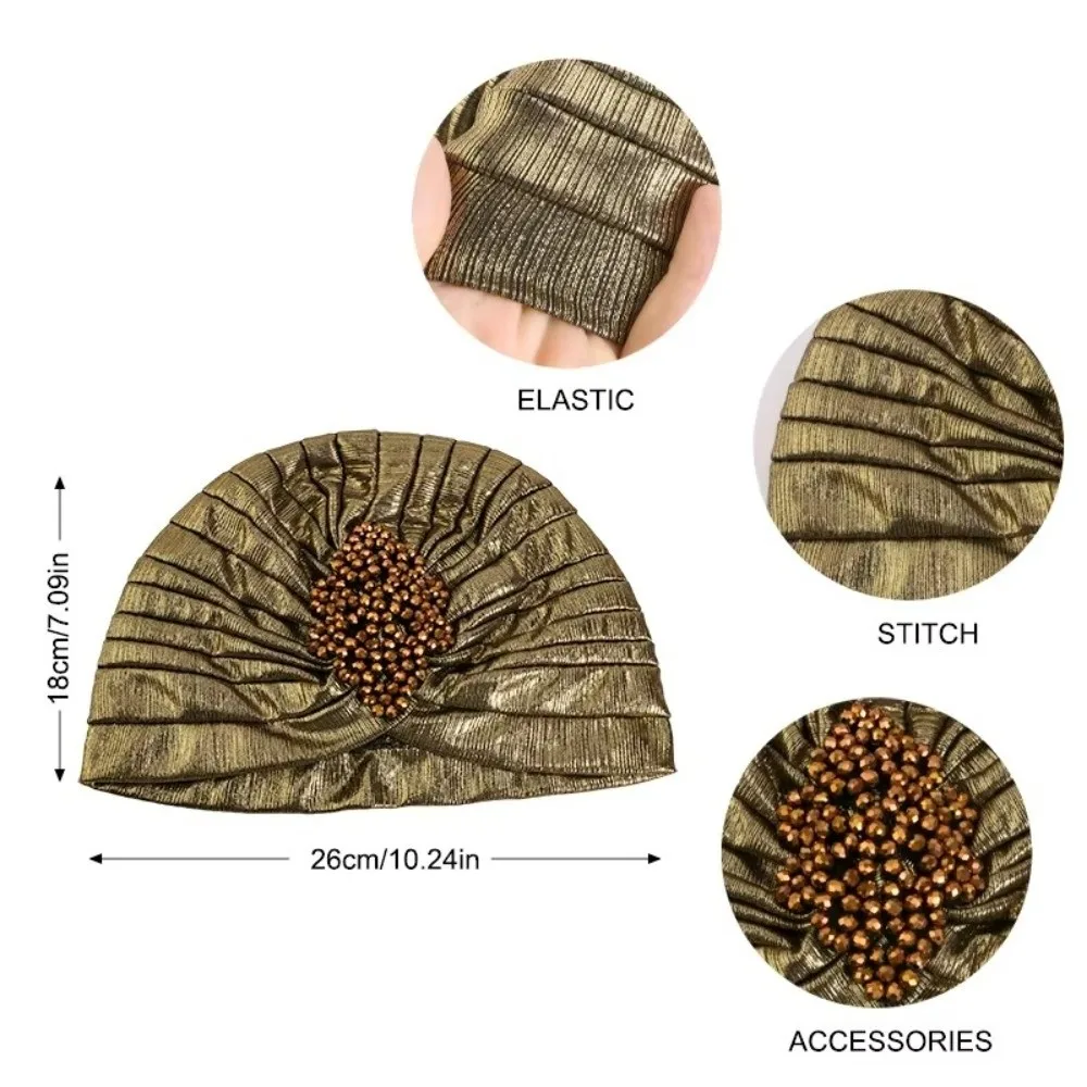 Top Knot Arabischer Nationalhut Perlenverziertes Einfarbiges Ethnisches Kopftuch Elastischer Stretch-Turban Retro Plissiertes Kopftuch – Detail 1