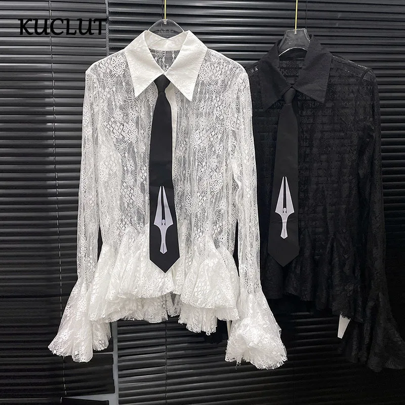 

KUCLUT 2025 Summer New Fashion Loose Lace Blouse For Women Niche Design Ruffle Flare Long Sleeve Shirt Female Trendy 1A242