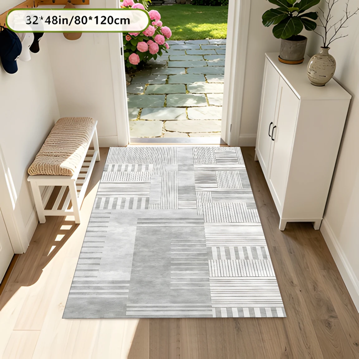 2D Carpet with Gray Geometric Line Patchwork Pattern in Modern Simple Style for Living Room and Bedroom