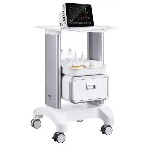 2-Tier Mobile Medical Cart with Drawer & Tray - White for lab Trolley Storage, ABS Material, 4 Silent Wheels for Clinic,