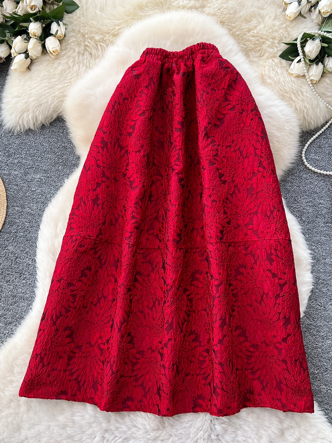 Retro Court Embroidered A-Line  Skirt Women's High Waist Flared Skirts Korean Sle Commute Polyester Fiber Ci Use