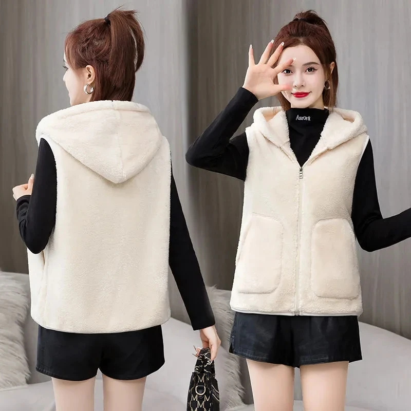 4XL Autumn Winter Korean Vest Jacket 2025 New Women\'Hooded Polar Fleece Sleeveless Jacket Lady Casual Warm Soft Waistcoat Tops