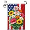 Vibrant American Flag Garden Flag, 12x18 Inch Outdoor Patriotic Decor with Colorful Sunflowers Lilies Hibiscus Blooms, Front jjp