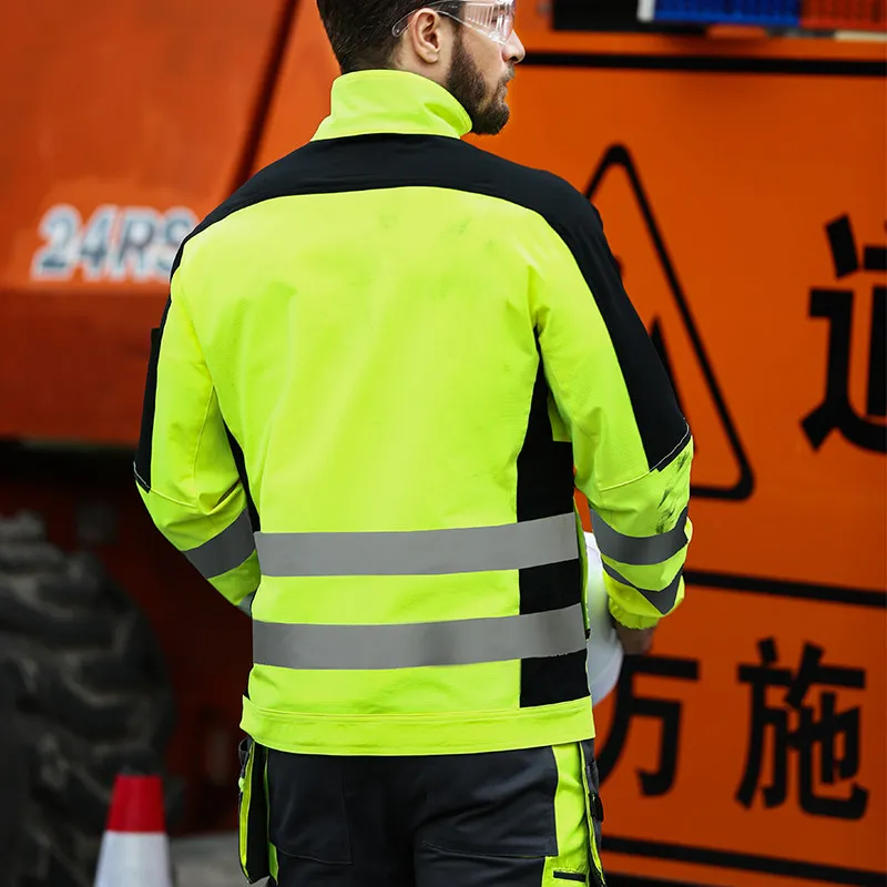 Ensemble veste et pantalon de travail jaune fluo avec plusieurs poches, vêtements de travail haute visibilité imbibés