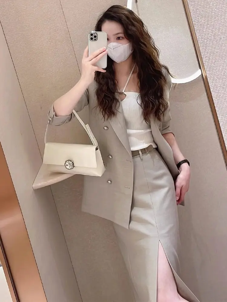 

New High End Office Lady Women's Suit Fashion Lapel Long Sleeve Blazer Jacket + Split Slim Midi Skirt Grey Elegant Two Piece Set
