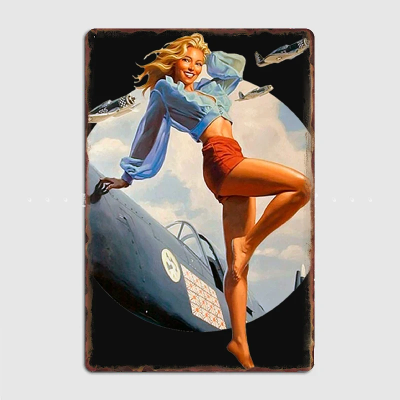 Pin-up blonde. Air force in WWII. 40_s Metal Sign Plates Customize Club Bar Wall Pub Tin Sign Posters