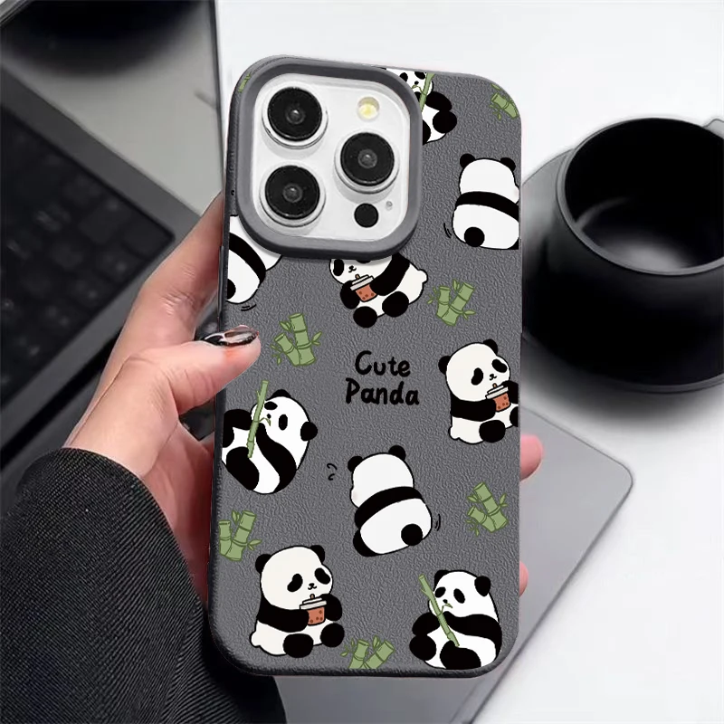 Luxury Leather Texture Silicone Case For iPhone 16 Pro Max Coque iPhone 15 Pro Max 14 13 12 11 Cute Baby Panda Print Cover Funda