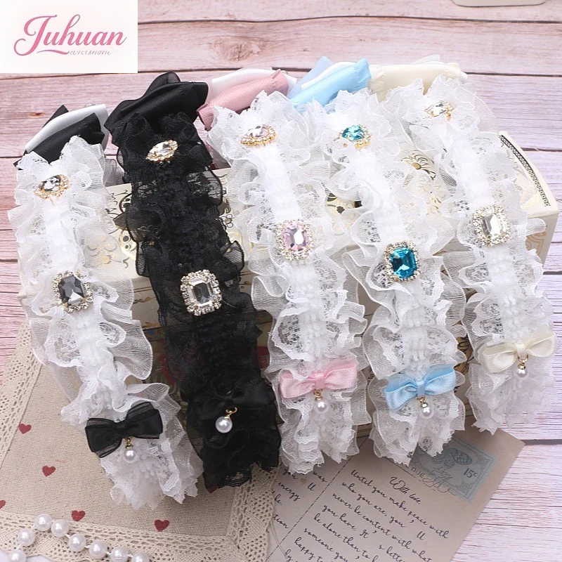 

Japanese handmade original sweet and cute French little romantic bow rhinestone lace edge headband hair accessories women