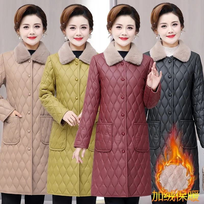 

Women Jacket Fashion Thick Warm Faux Leather Coat Vintage Long Lapel plush Female Outerwear