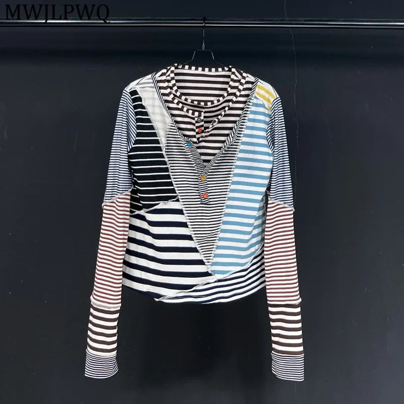 

MWJLPWQ Multi Collar Design Patchwork T-Shirt Male Contrast Color Button Street Niched Long Sleeve Slim Fit Tops 2025 New 11671