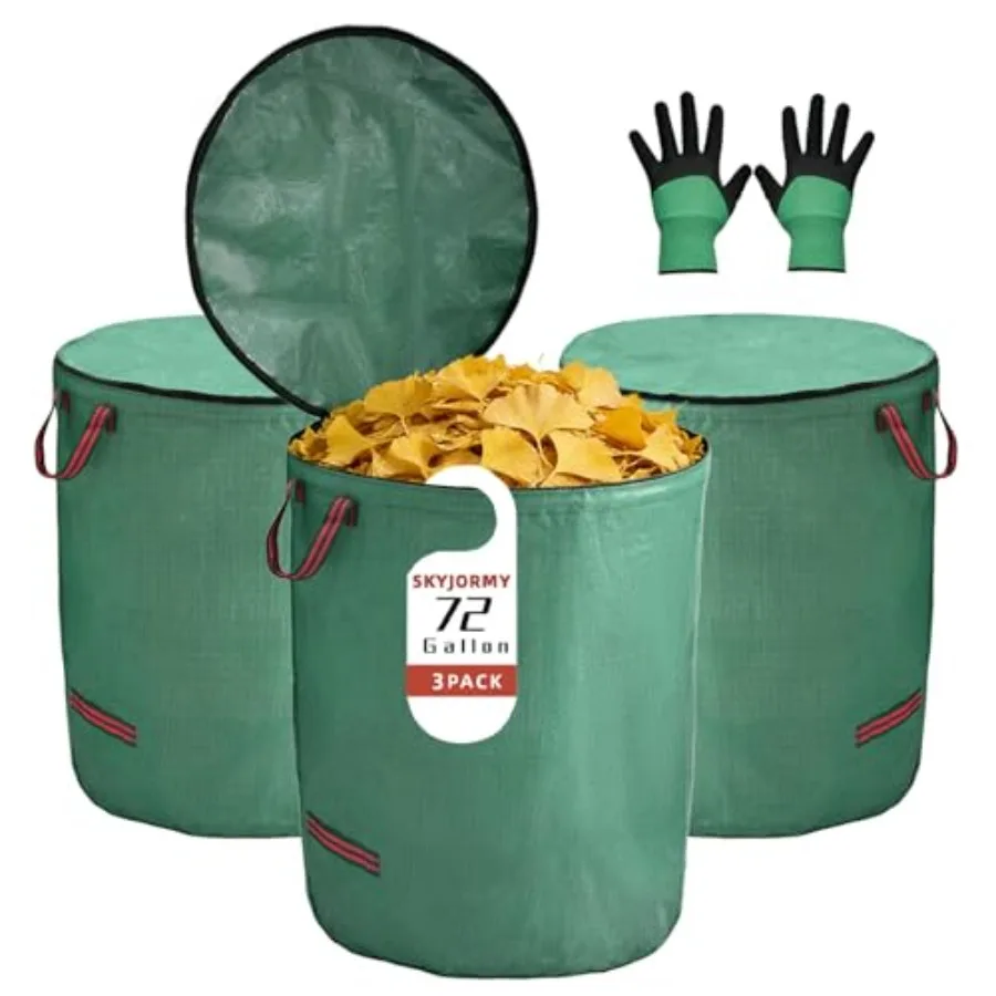 

3-Pack Reusable Yard Waste Bags with Lid, 72 Gallon Heavy Duty Lawn and Leaf Bags with Gardening Gloves, Self-Standing Collapsi