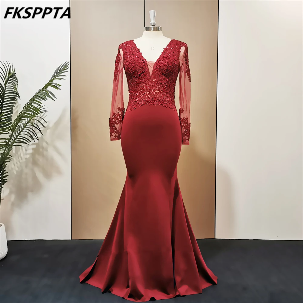 Long Sleeves Burgundy Plus Size Evening Dress See Through Stunning Beaded Appliques Mermaid Prom Party Gowns In Stock