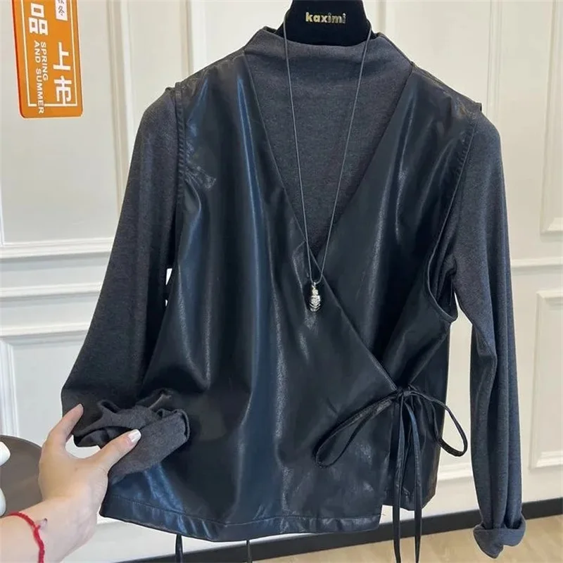 

New 2026 Women's Leather Vest Spring Autumn V-neck Sleeveless Camisole PU Leather Strap Vest Coat Fashion Loose Leather Jacket