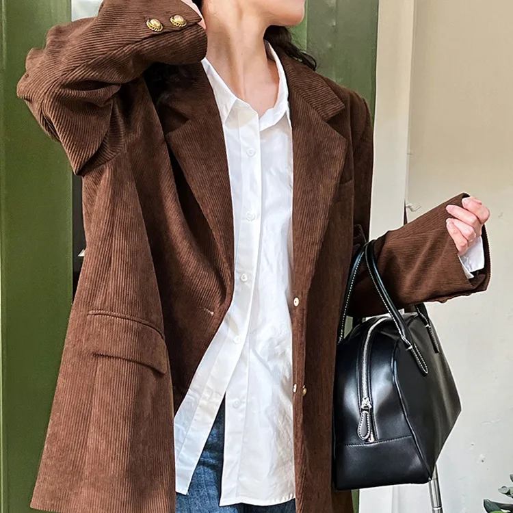 Brown Corduroy Blazer Women's 2026 Spring New Fashion Loose Casual Small Suit Office Lady Blazer Femme Jackets