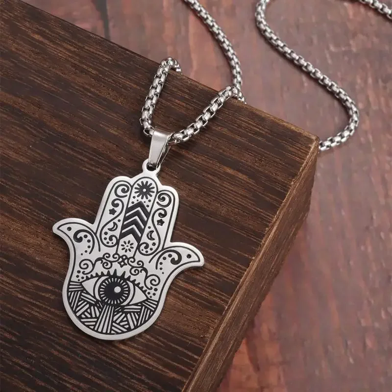 Retro Punk Gothic Devil's Eye Hand of Fatima Pendant Stainless Steel Necklace for Men Women Lucky Amulet Jewelry Gift