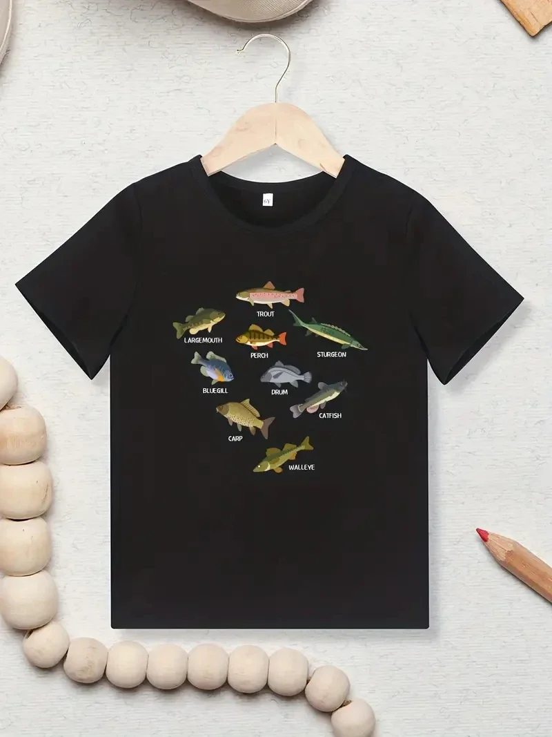 Various Fish Print Creative Child T-shirt Casual Lightweight Comfy Short Sleeve Tee Tops Toddler Kid Baby Boys Girls Clothes